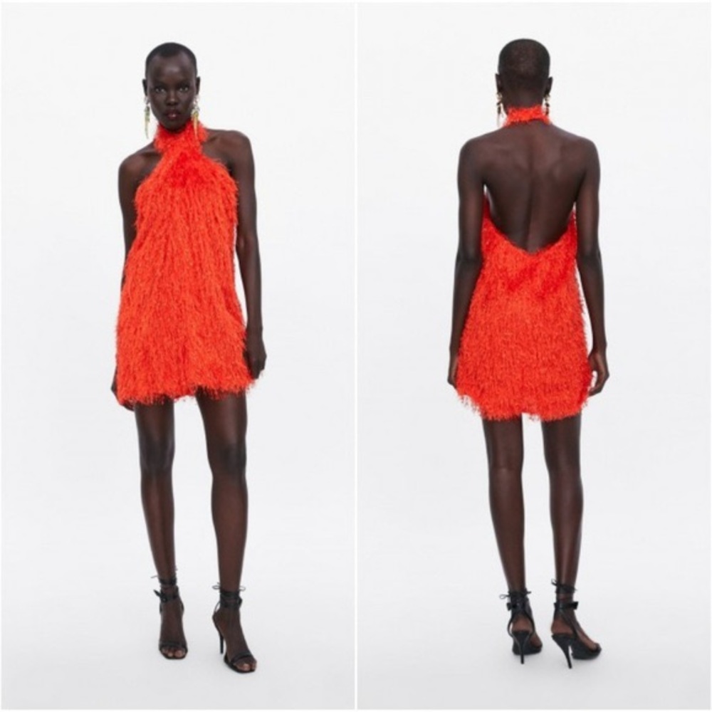 Zara orange fringe dress